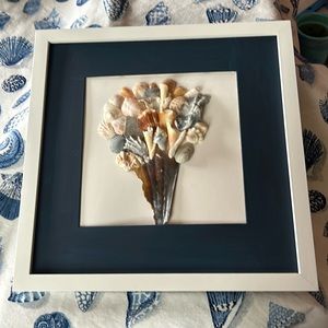 Hand crafted seashell flower bouquet in a white frame with‎ a painted blue mate